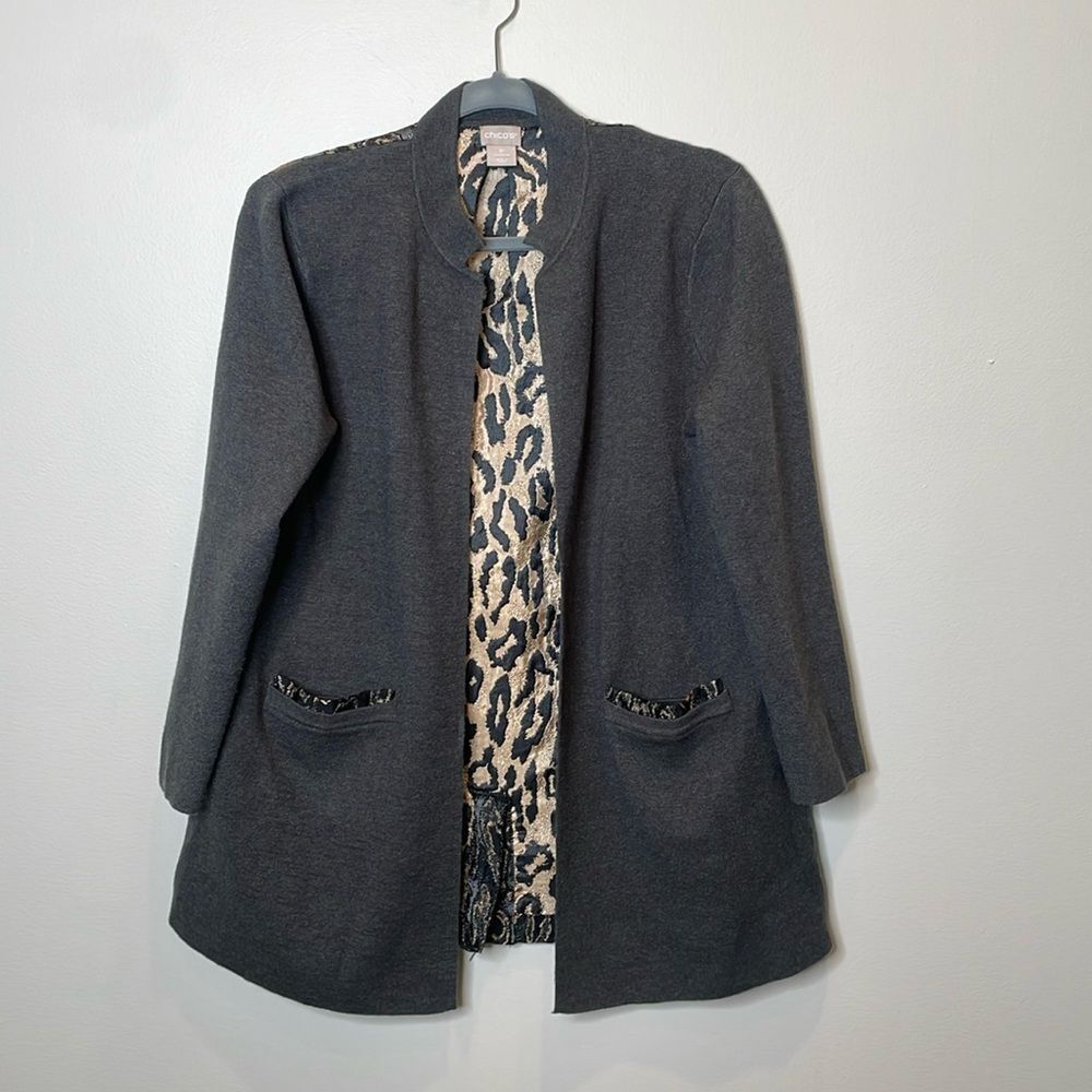 Chico's Petite Woven Back Animal Print Cardigan Sweater Size MP